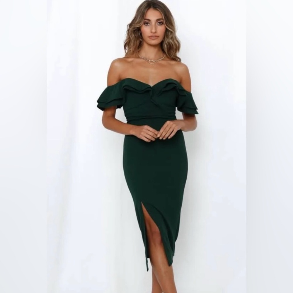 Hello Molly Dark Green Off-Shoulder Midi Dress